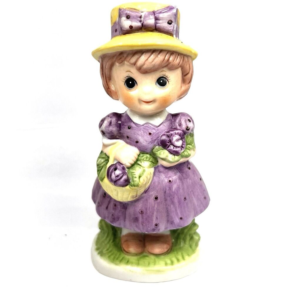 Vintage 1980 CMA~Verona Vergasi Figurine~Girl w/ Hat in Purple & Basket~ Stamped